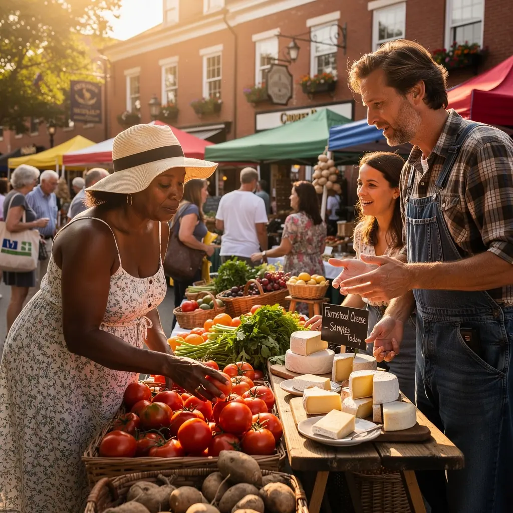 Urokliwa scena z ulicznymi sprzedawcami oferującymi jedzenie na wynos w popularnej dzielnicy.
