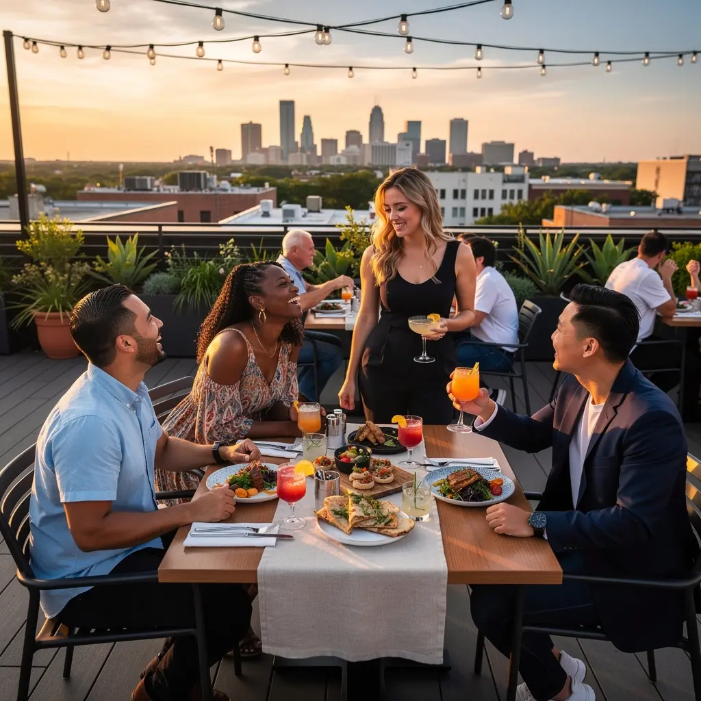 Widok kolorowych straganów na lokalnym targu spożywczym z różnorodnymi produktami.